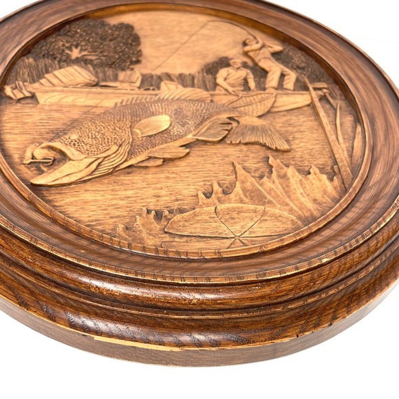 Kim Murray Wood Carving Fishing Scene Wall Plaque 3D - Picture 9 of 12